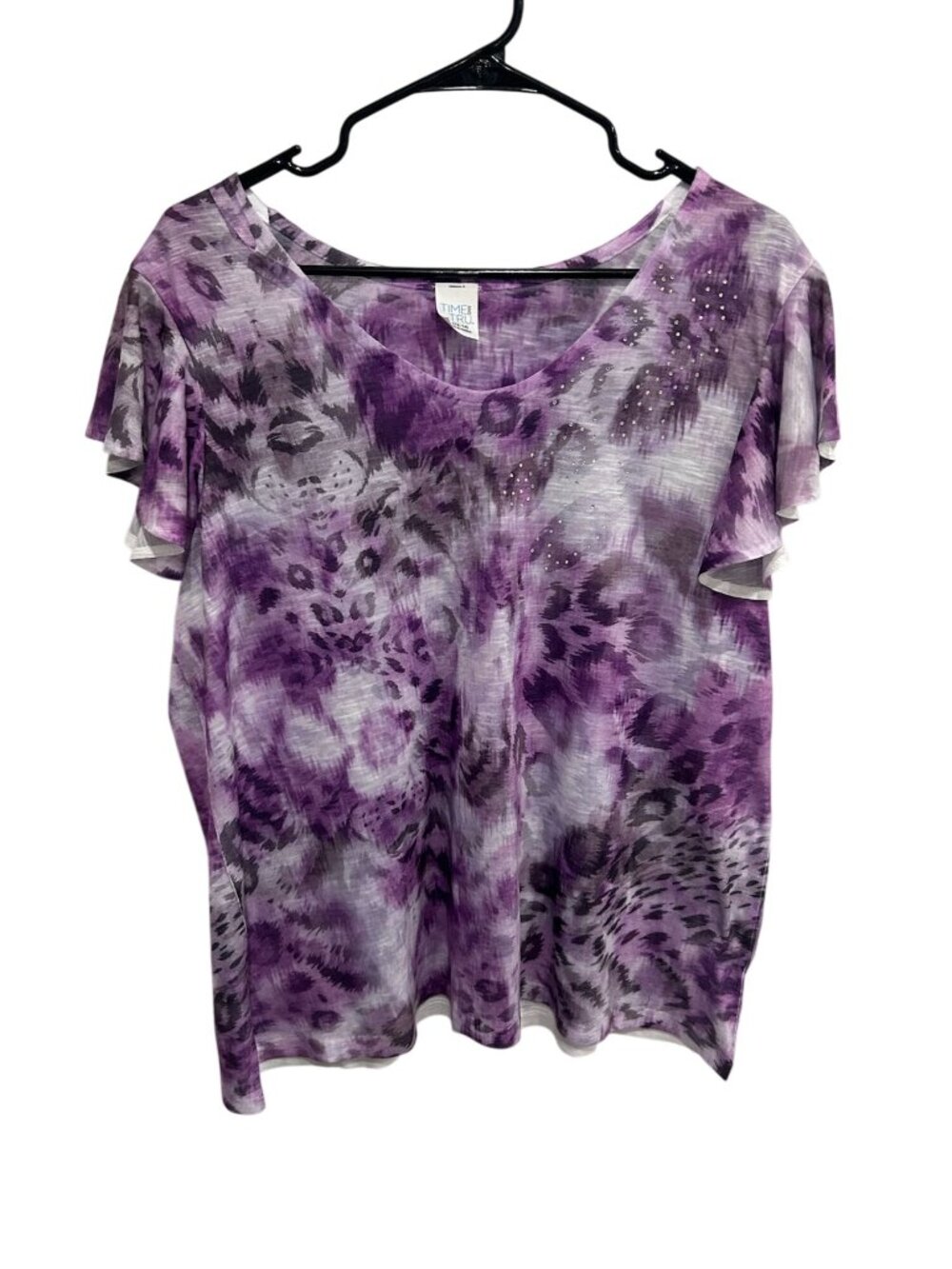 Time And Tru Large Purple Animal Print Blouse Flutter Sleeve Modern Chic